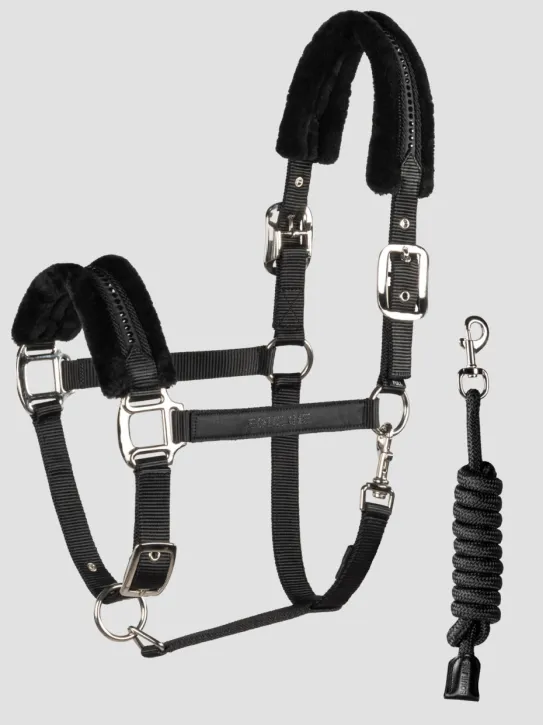 Equiline Fell-Halfter EQGlefur mit Strasssteinen und Strick schwarz Full
