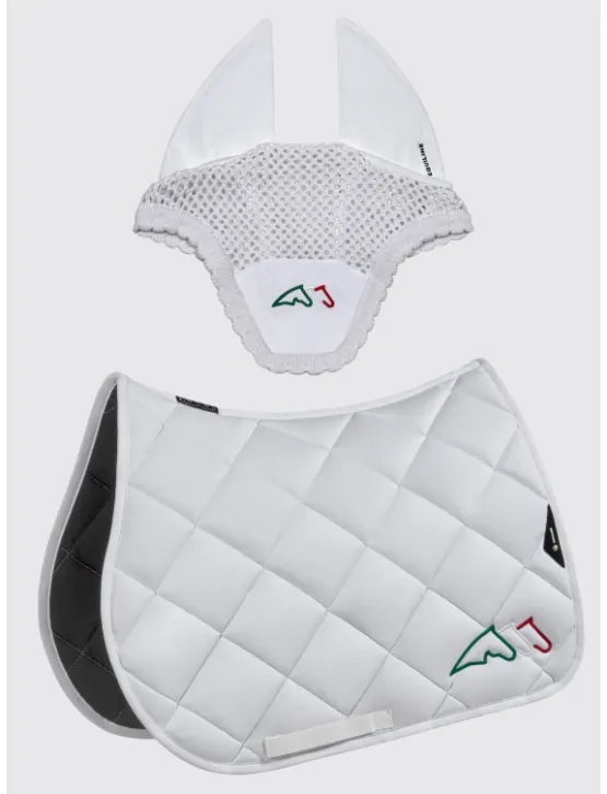 Equiline Dressur Schabracke EQ Tricolore mit Fliegenmütze Weiß